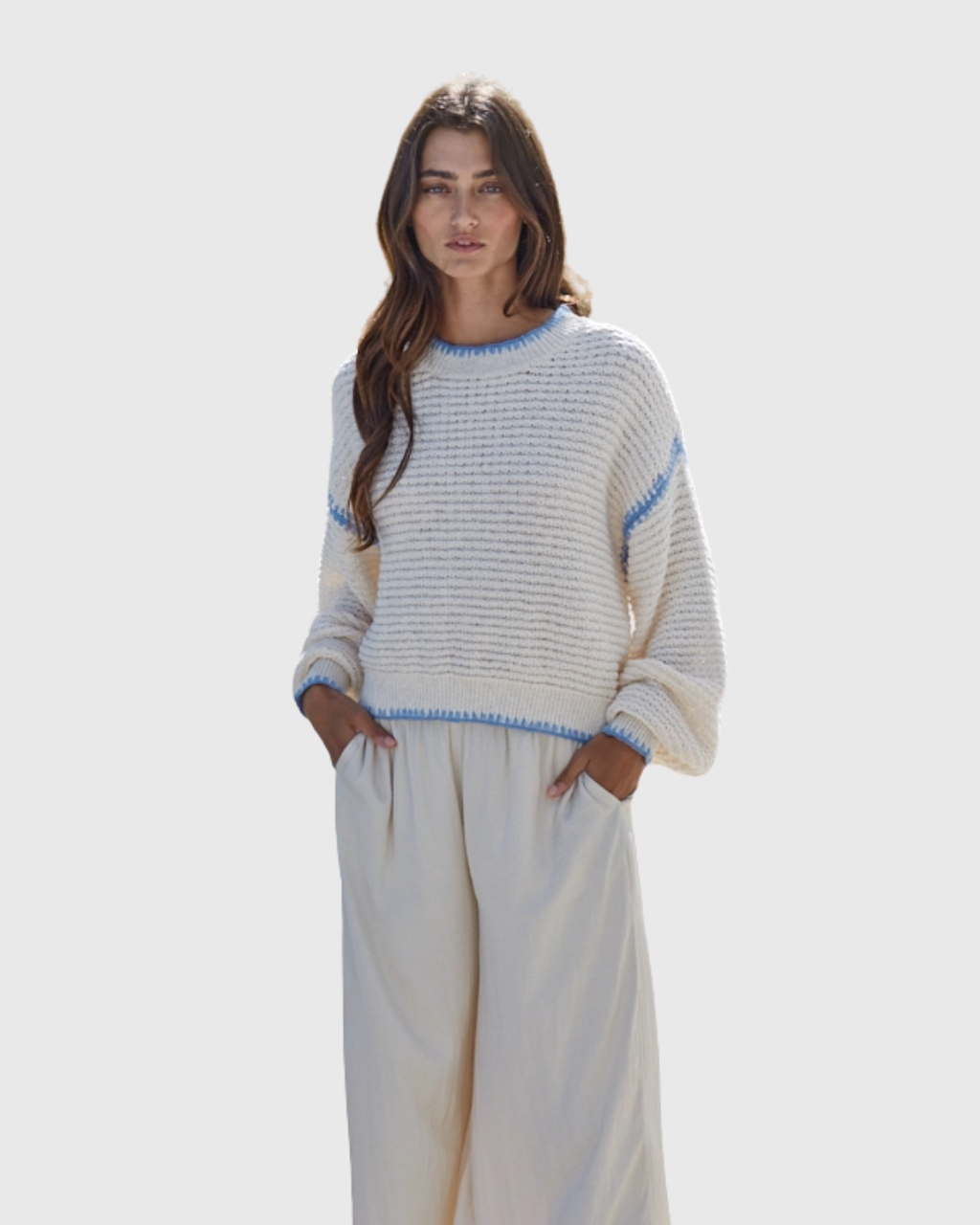 Trend Blue Trim Sweater Cream