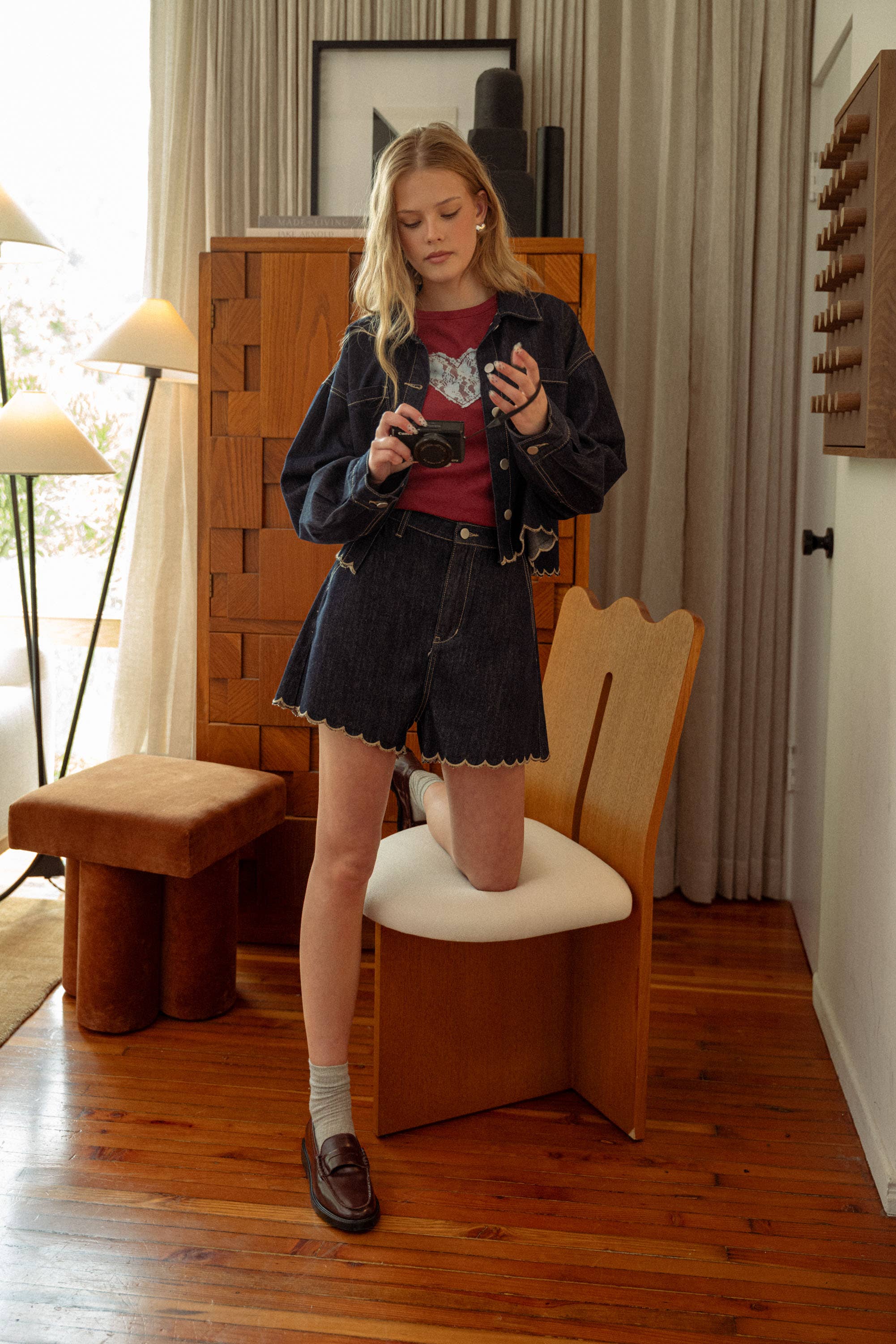 Miou Muse Scallop Embriodered Deninm Shorts