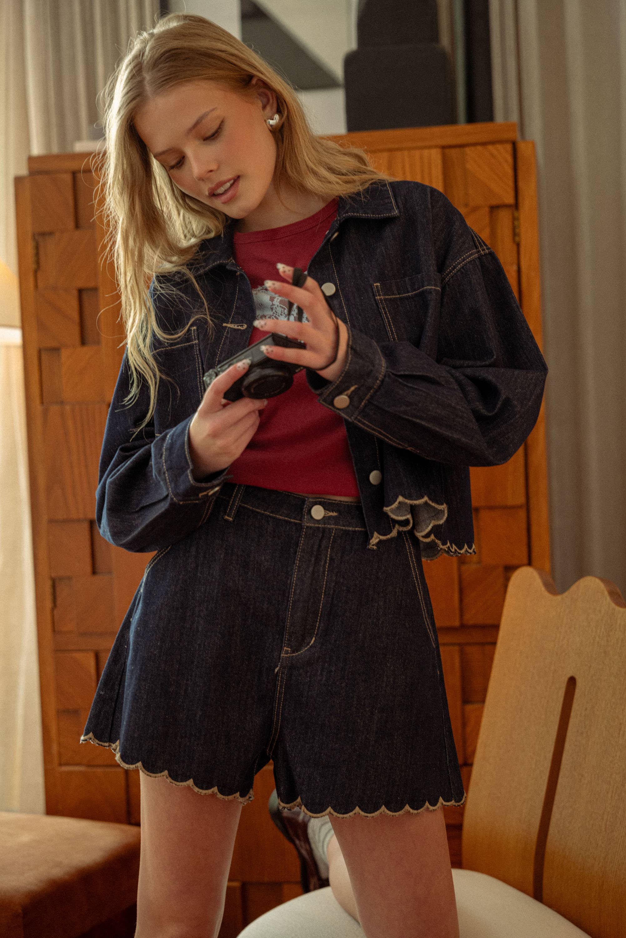 Scallop Embriodered Denim Shirt Jacket