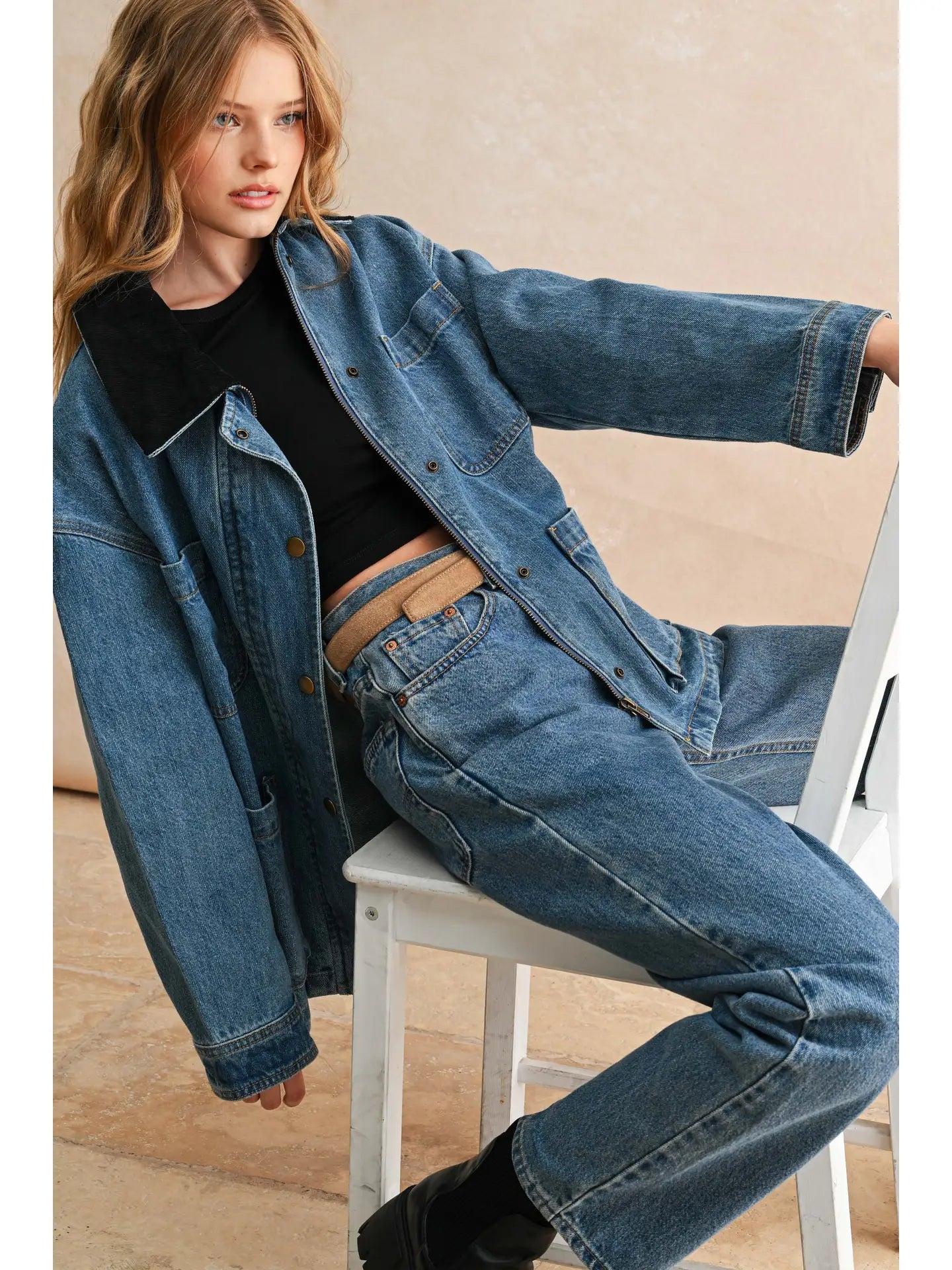 Miou Muse Corduroy Collar Barn Jacket Denim