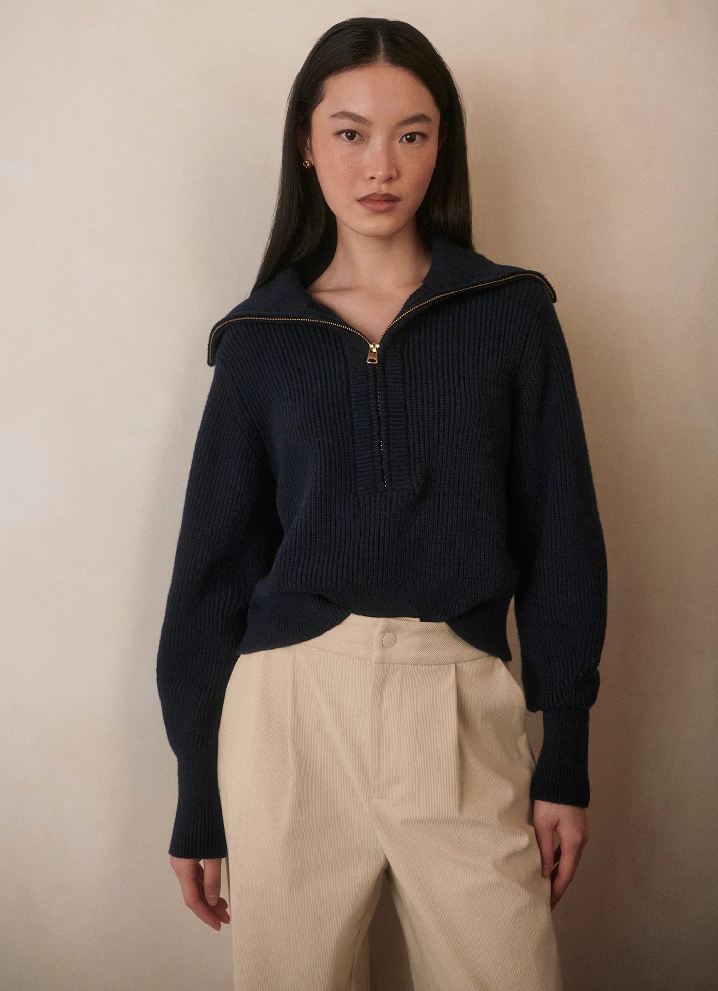 Varley Maura Half Zip Rib Knit Navy
