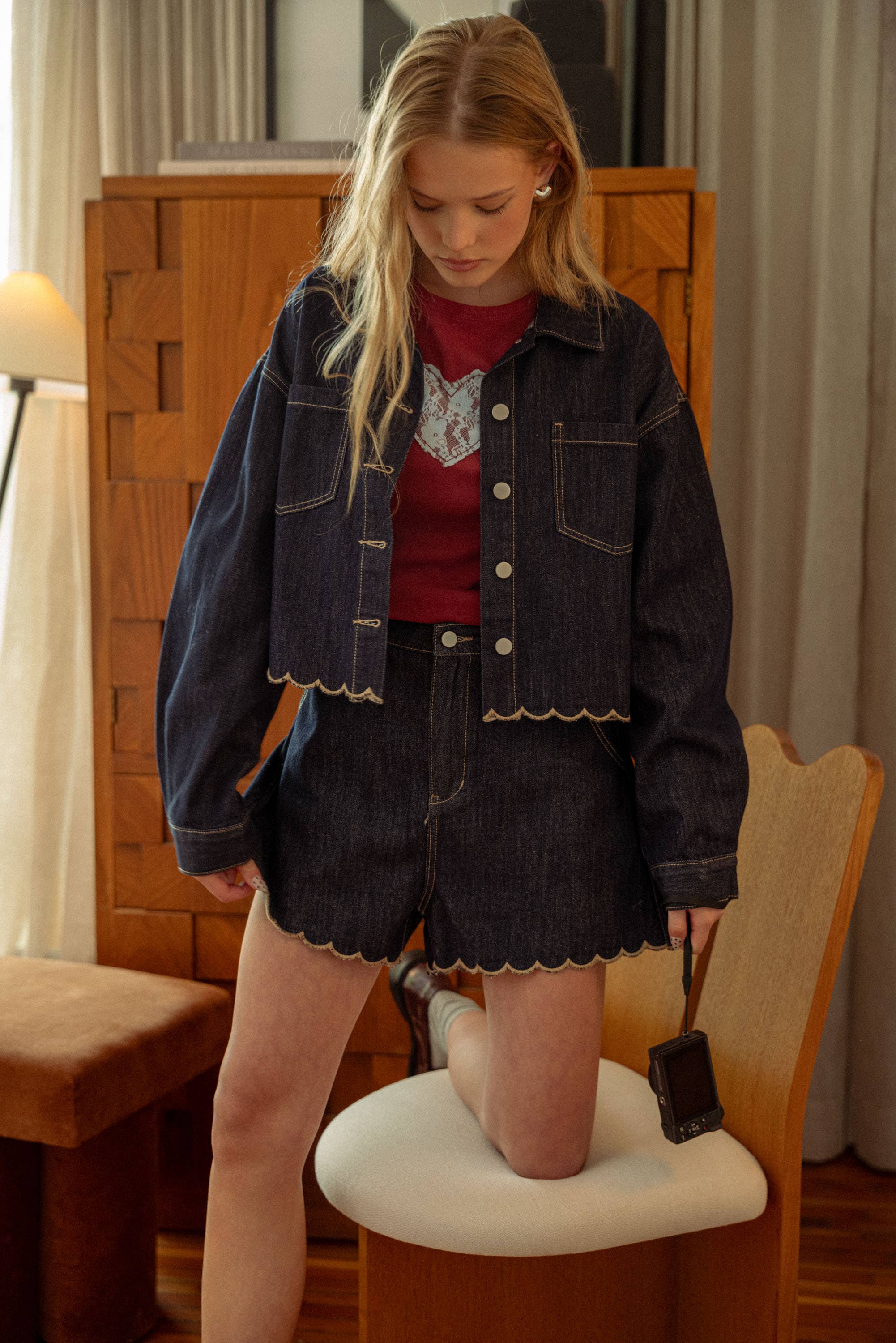 Scallop Embriodered Denim Shirt Jacket