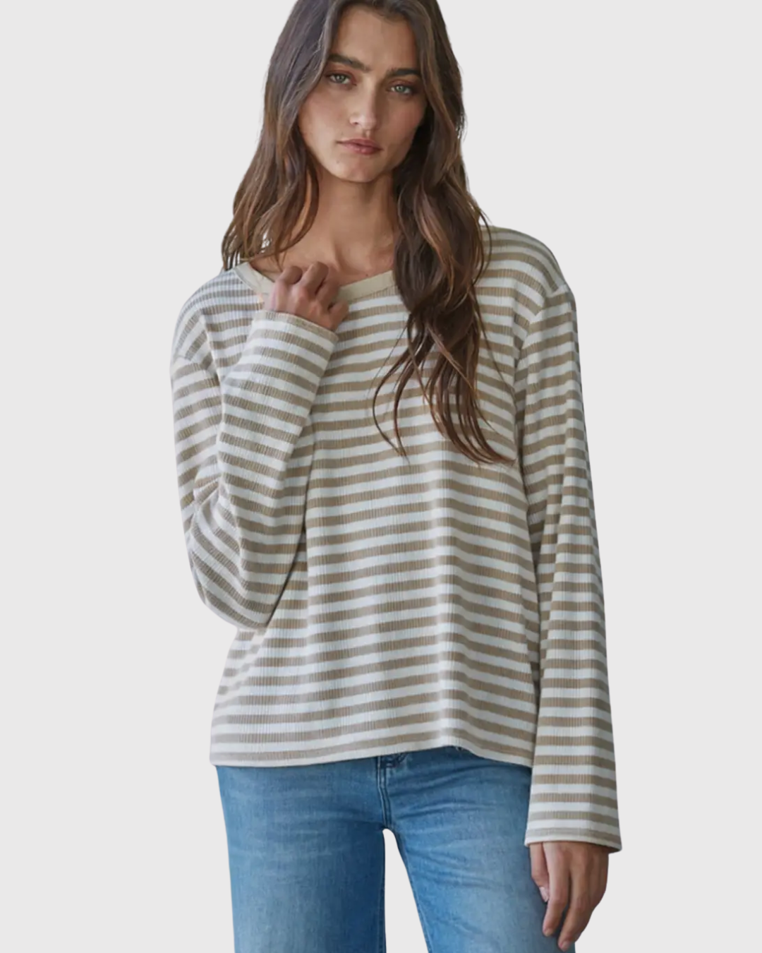 Trend Knit Striped Long Sleeve Taupe