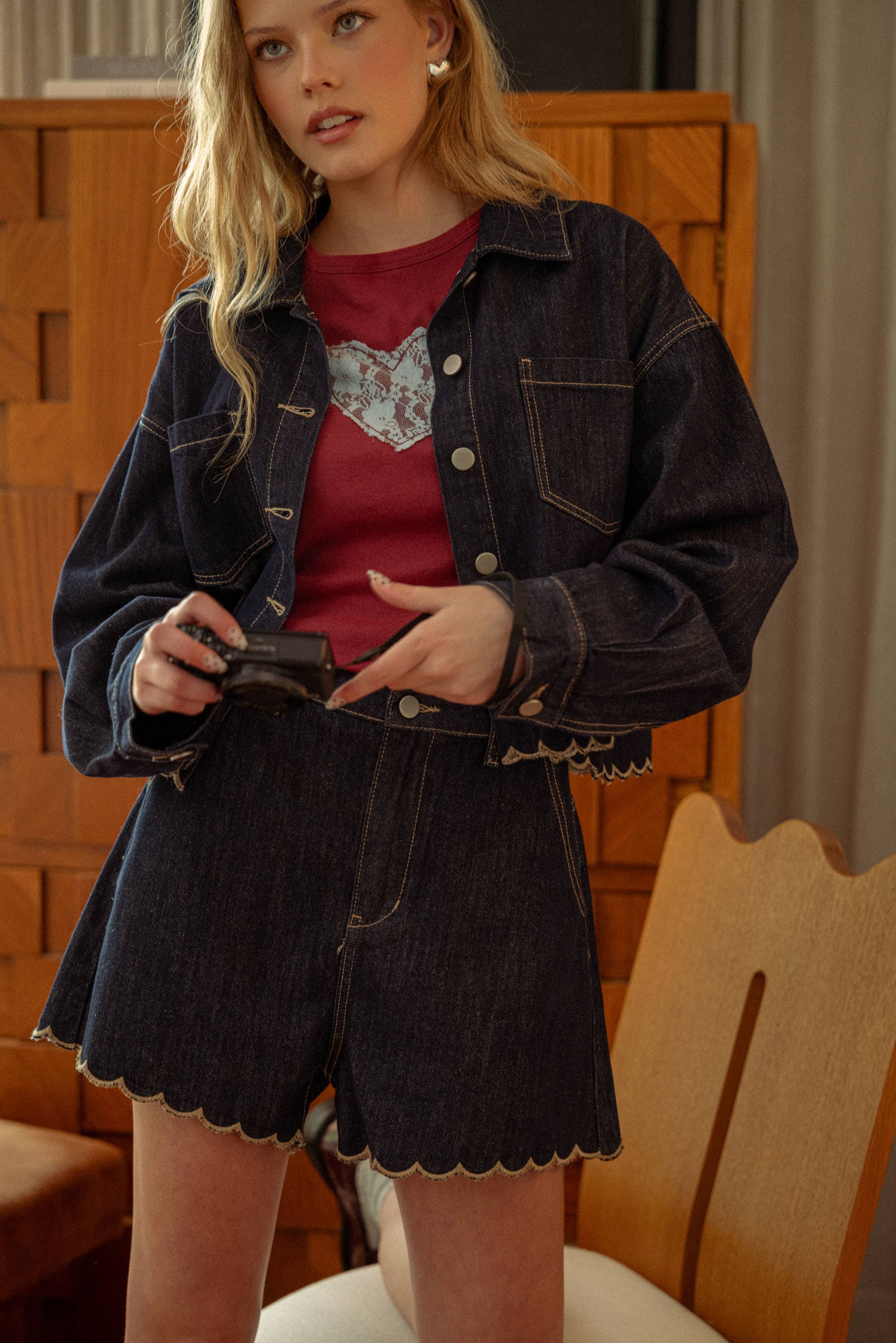 Scallop Embriodered Denim Shirt Jacket