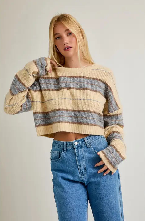 Trend Striped Cropped Sweater Butter Grey Stripe