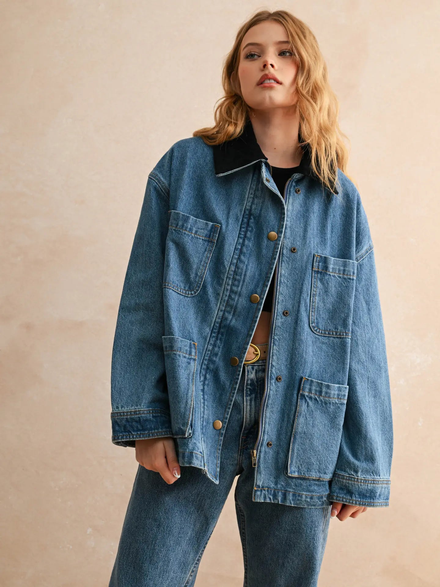 Miou Muse Corduroy Collar Barn Jacket Denim
