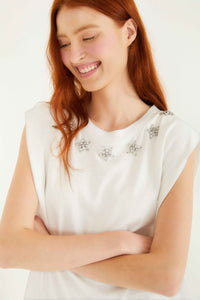 Farm Rio Off-white Sparkling Embroidered Padded Shoulder T-shirt