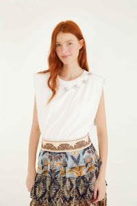Farm Rio Off-white Sparkling Embroidered Padded Shoulder T-shirt
